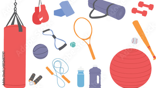 Collection of various sports equipment and fitness gear for exercise and workout