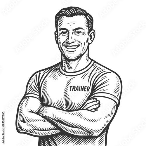 muscular male personal trainer with folded arms, smiling confidently sketch engraving generative ai fictional character vector illustration. Scratch board imitation. Black and white image.