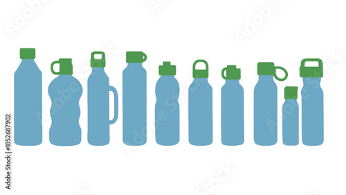 Collection of various blue water bottles with green lids and caps