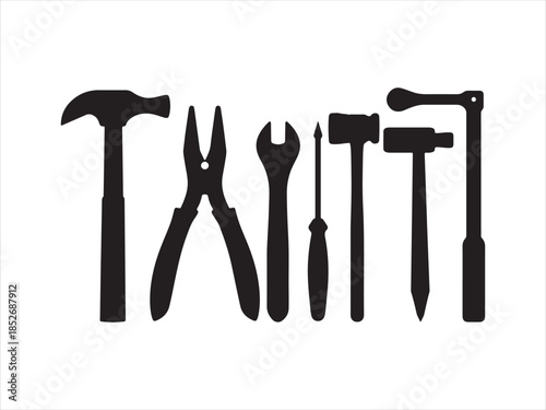 Construction and Hand Tools Silhouette Icon Set , Collection of hand tools and power tools in a simple, Vector Black Toolbox Collection