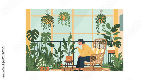 Young man enjoying a peaceful moment in a wicker chair on a cozy balcony filled with many beautiful green potted plants and hanging vines.