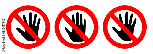 Prohibition hand sign in striking red warns against unauthorized entry. Clear stop symbol communicates danger, restricted access, and forbidden touch zones effectively.