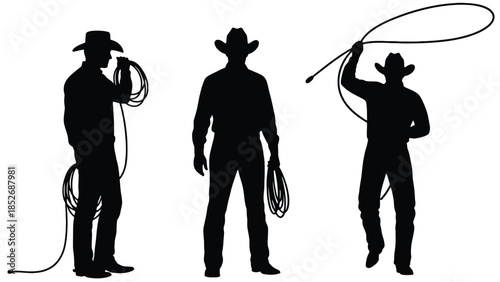 Silhouettes of cowboys with lassos in different poses on white background