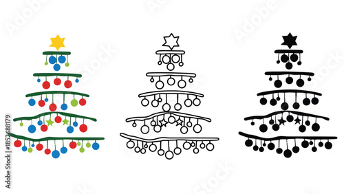 Colorful Christmas tree illustrations in various styles and colors for holiday designs