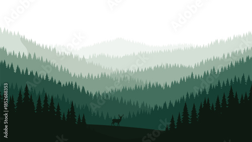 A serene flat design illustration of a misty green forest valley with layered pine trees and a solitary deer silhouette.