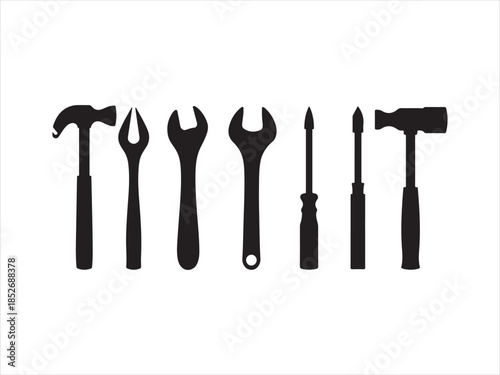 Construction and Hand Tools Silhouette Icon Set , Collection of hand tools and power tools in a simple, Vector Black Toolbox Collection