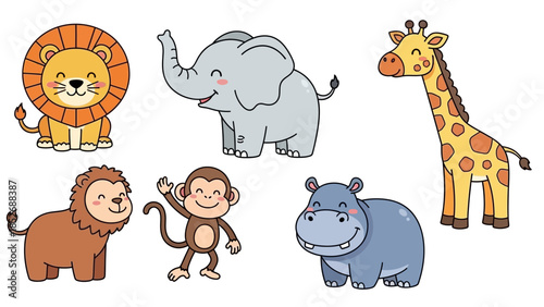 Adorable Cartoon Safari Animals: Happy Elephant, Giraffe, Lion, Monkey, and Hippo Characters