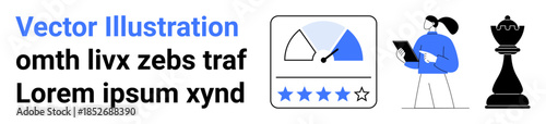 Business performance, strategic planning, user review, analysis, competition, data visualization. Minimal icons including a gauge meter, person with chart chess piece. Business performance
