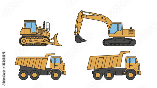 Heavy construction equipment, excavator, bulldozer, and dump trucks on white background