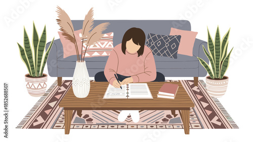 A woman sits on a patterned rug in a bohemian-style living room, writing or journaling in a planner at a low wooden coffee table.