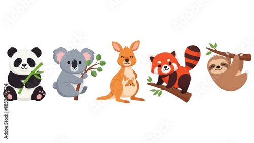 Smiling cartoon wild animals set including panda, koala, kangaroo, red panda, and sloth illustration