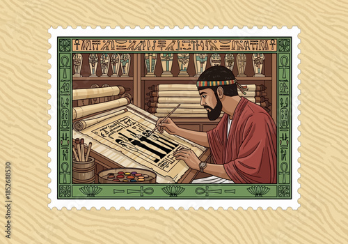 Man drawing Egyptian hieroglyphs on papyrus in a room filled with artifacts