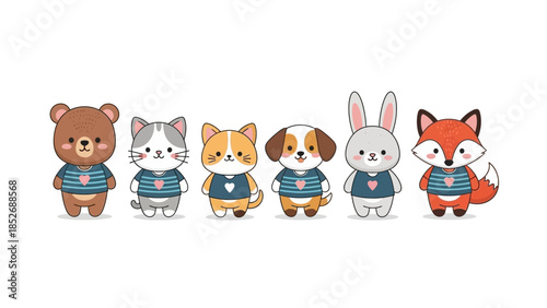 Adorable cartoon animal friends standing in a row, wearing cute shirts with heart motifs, playful vector illustration.