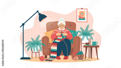 An elderly woman with glasses sits comfortably in an armchair, knitting a colorful scarf in her cozy living room surrounded by plants.