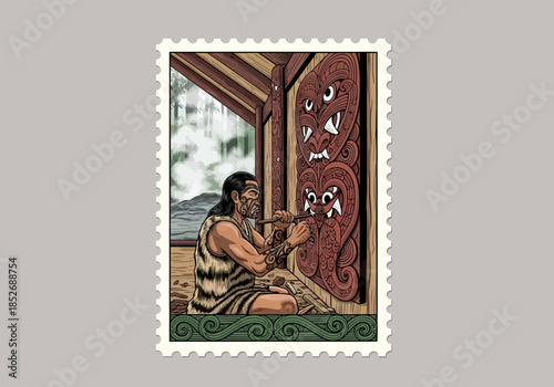 Māori woodcarver working on ancestral figures inside a structure near steaming landscape