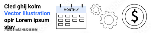 Financial planning, budgeting, workflow, cost tracking, economic strategy, business development. Calendar labeled monthly, gear icons dollar symbol. Financial planning and budgeting concepts
