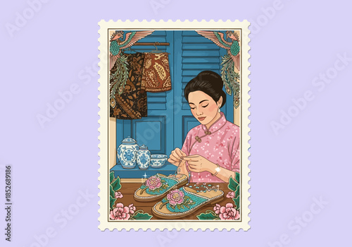 Peranakan woman beading elaborate slippers in a shop setting