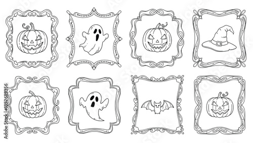 Spooky hand-drawn Halloween collection with jack-o'-lanterns, ghosts, a witch hat, and a bat, each enclosed in a unique vintage-style ornate frame.