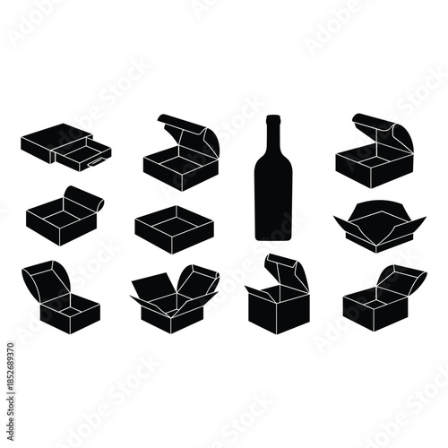 Collection of various packaging boxes with a wine bottle