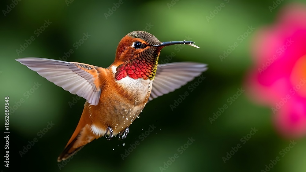 Naklejka premium Close-up of a rufous hummingbird hovering in mid-air, its wings blurred, with a vibrant pink flower in the background, capturing speed and beauty.