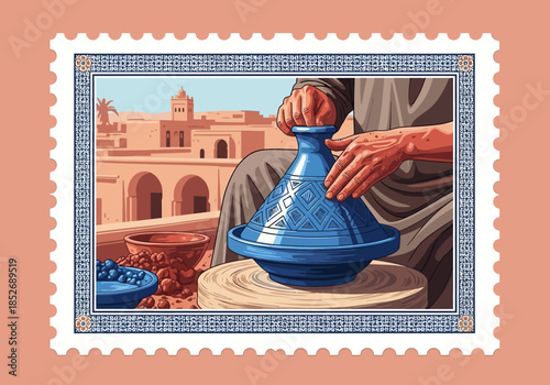 Pixel art stamp showing artisan shaping a blue tagine on a wheel in a North African setting