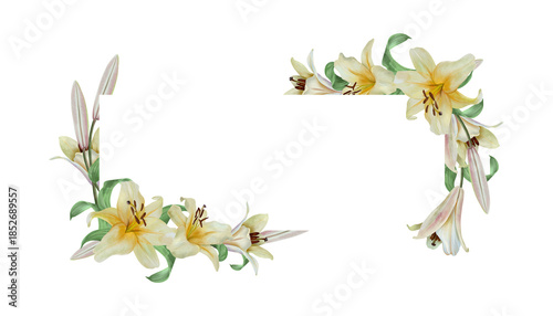 White lilies template for text insertion. Hand drawn watercolor illustration of flowers, isolated. Wedding invitations, cards and envelopes for birthdays, Valentines Day, Epiphany, Easter and funerals
