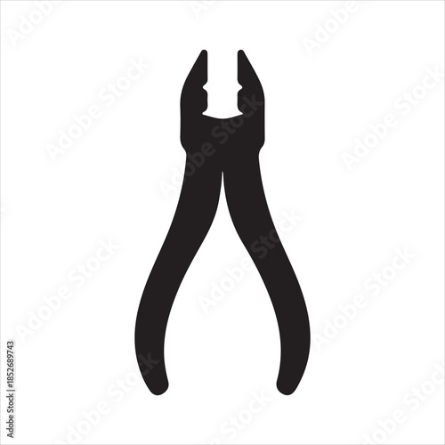 A black and white silhouette of a pliers, black, icon, illustration. Simple black silhouette icon of a pair of end cutting pliers tool isolated vector illustration