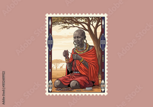 Stamp featuring Maasai woman beading under a tree in a savanna landscape