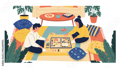 A couple enjoys a cozy evening at home, sitting on a colorful rug and playing a board game together in their modern living room.