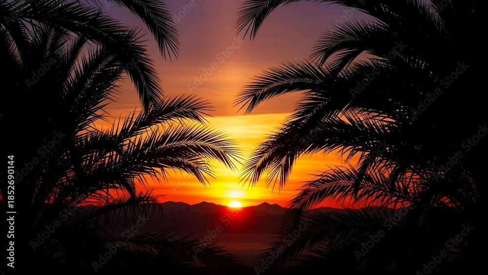 Obraz premium Tropical sunset behind palm trees.