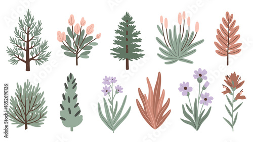 A diverse collection of various pine trees, wildflowers, and bushes, perfect for creating forest or mountain landscapes. This botanical set features stylized flora in a simple, clean design.