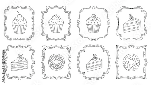 A delicious collection of hand-drawn desserts including cupcakes, cake slices, and donuts, all displayed within various ornate and vintage-style frames.