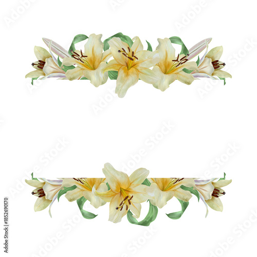 White lilies template for text insertion. Hand drawn watercolor illustration of pastel flowers, isolated. For wedding invitations and cards for birthdays, Valentines Day, baptisms, Easter and funerals