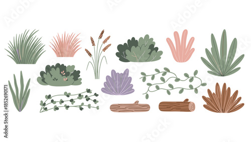 A lovely collection of various swamp and forest undergrowth plants, including bushes, grasses, reeds, and logs. This nature set is perfect for creating detailed landscape backgrounds.