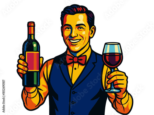 smiling sommelier in formal attire presenting a bottle of wine and a filled glass. Generative ai vector colorful pop art illustration.
