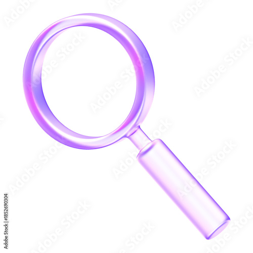 3D purple translucent magnifying glass in sleek glassmorphism style. Ideal for search and discovery functions within modern digital interfaces
