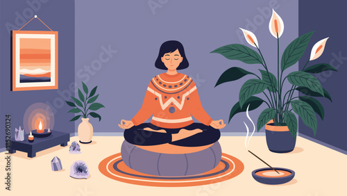 A woman in a cozy sweater meditates in a lotus position on a cushion, surrounded by candles, crystals, and plants in a peaceful room.