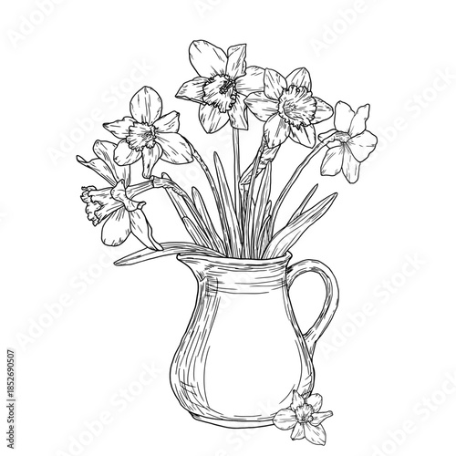 Flowers and narcissus leaves in a bouquet in a vase, sketch. Vector illustration. Spring garden flowers, isolated on a white background. For Easter, birthday or wedding cards, and invitations 