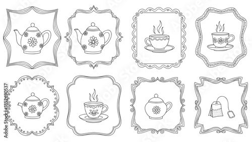 Hand-drawn collection of tea time elements, featuring teapots, teacups, a sugar bowl, and a tea bag, each set within a unique decorative frame.