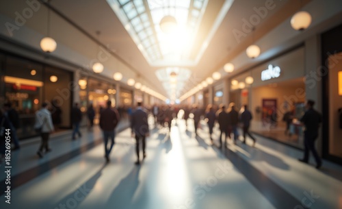 Wallpaper Mural A blurred, wide-angle view captures a busy shopping mall interior with numerous shoppers moving along the illuminated corridor. Torontodigital.ca