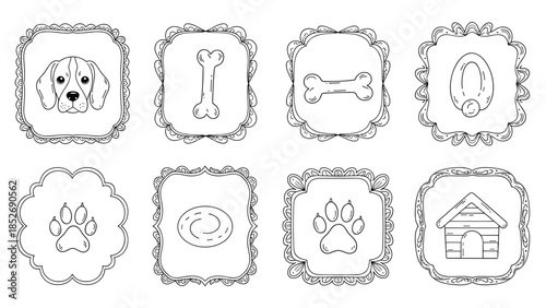 Adorable hand-drawn collection of dog-themed items such as a beagle, bones, a food bowl, paw prints, and a dog house in cute decorative frames.