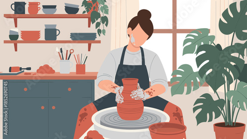 A woman wearing an apron skillfully shapes a clay pot on a potter's wheel in her cozy home studio filled with plants and art supplies.