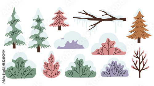 A wonderful set of winter trees, bushes, and branches all covered with a fresh layer of white snow and icicles. This seasonal collection is perfect for creating festive holiday scenes.