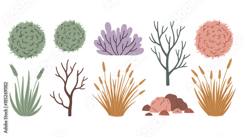 A beautiful collection of various shrubs, reeds, and bare branches, perfect for landscape design and creating natural scenery. This set includes different types of bushes and decorative stones.