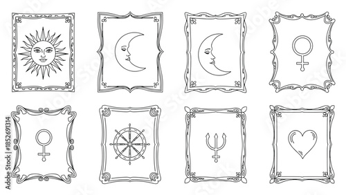 Set of hand-drawn esoteric and astrological symbols including the sun, moon, and planetary signs, presented in ornate frames like tarot cards.