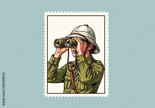 Stylized stamp featuring an explorer woman viewing through binoculars