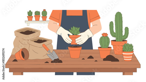 A gardener wearing gloves is carefully repotting a succulent into a new terracotta pot at a wooden table with soil bags and tools.