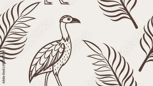 Stylized illustration of a bird with palm leaves in a repeating pattern.