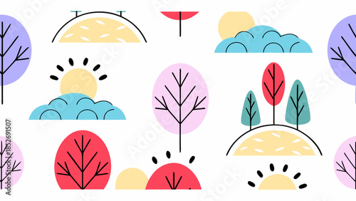 Abstract nature pattern with stylized trees and sun.