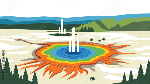 A vibrant pixel art depiction of the Grand Prismatic Spring in Yellowstone National Park with geysers and roaming bison.